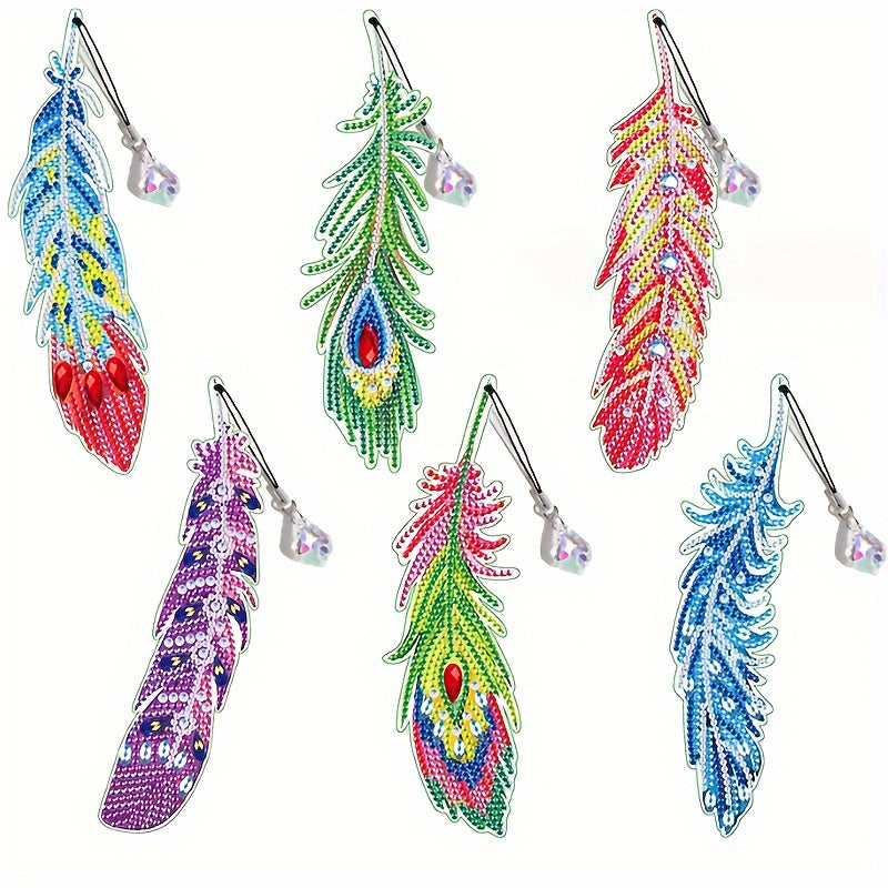 TEMU 6-pack Diamond Painting Bookmarks Diy Feather Shaped Art Kits With Crystal Pendants, Animal Themed Craft Set, Irregular Diamonds, Acrylic