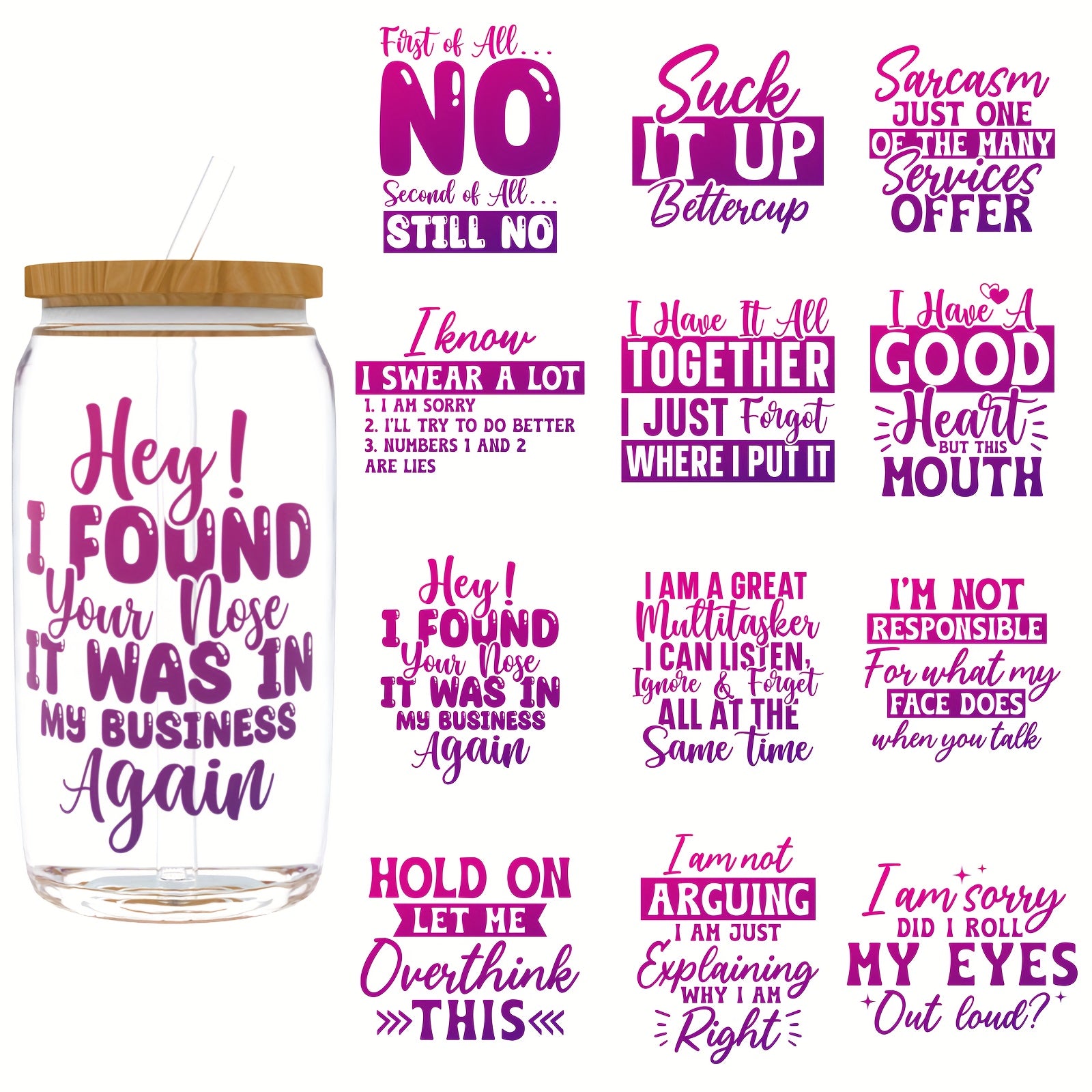 TEMU Dorsbaby 12pcs Sarcastic Cartoon Themed Uv Dtf Transfer Stickers, Pre- Plastic Decals With Crystal , High-glossy Irregular Shape For Glass ,