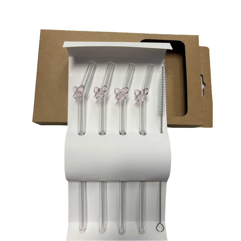 TEMU 4pcs Reusable Bow Glass Drinking Straws, 20cm-7.87in Long High- Material With Cleaning , Bow Decoration, For Orange Juice, Milk, Tea, Beverage,