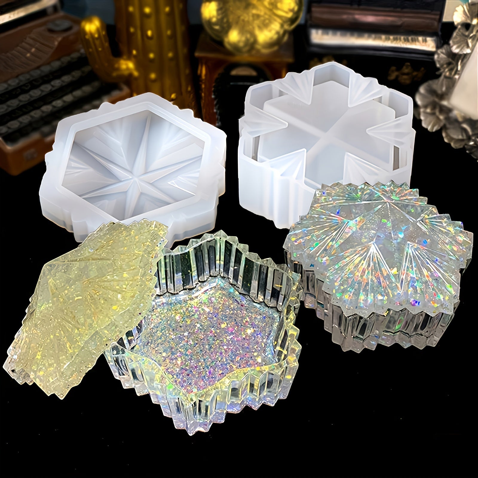 TEMU Hexagonal Stackable Epoxy Resin Molds - Six-pointed Jewelry Box, Candy Container & Ornament Case With Lids, Diy Craft Supplies For & Display