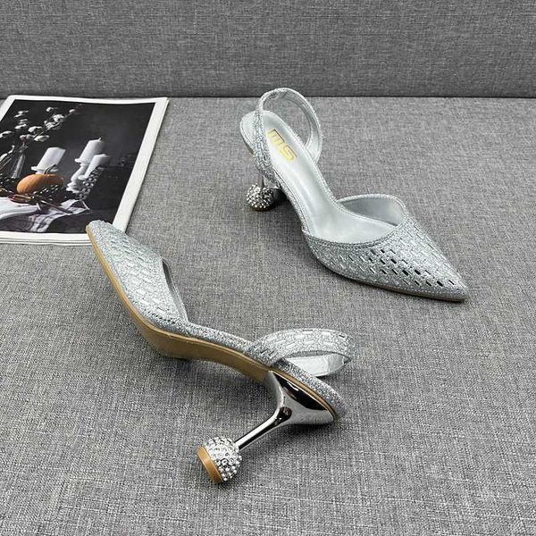 Fashion Womens Shoes 2024 New Pointed Shallow Mouth Bling Crystal High Heels Stiletto Silver Banquet Party Womens SandalsC241223