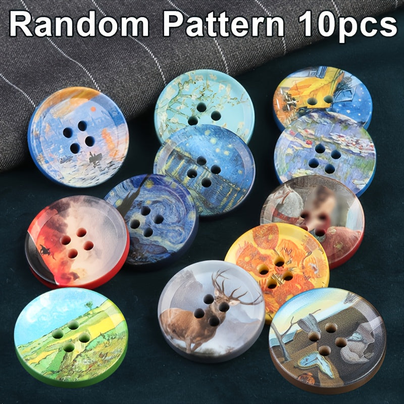TEMU 10pcs Decorative Buttons - Artistic Oil Painting Designs (van Starry Night, , ) - Durable Resin Round Buttons For Coats, Jackets, Bags, Hats -