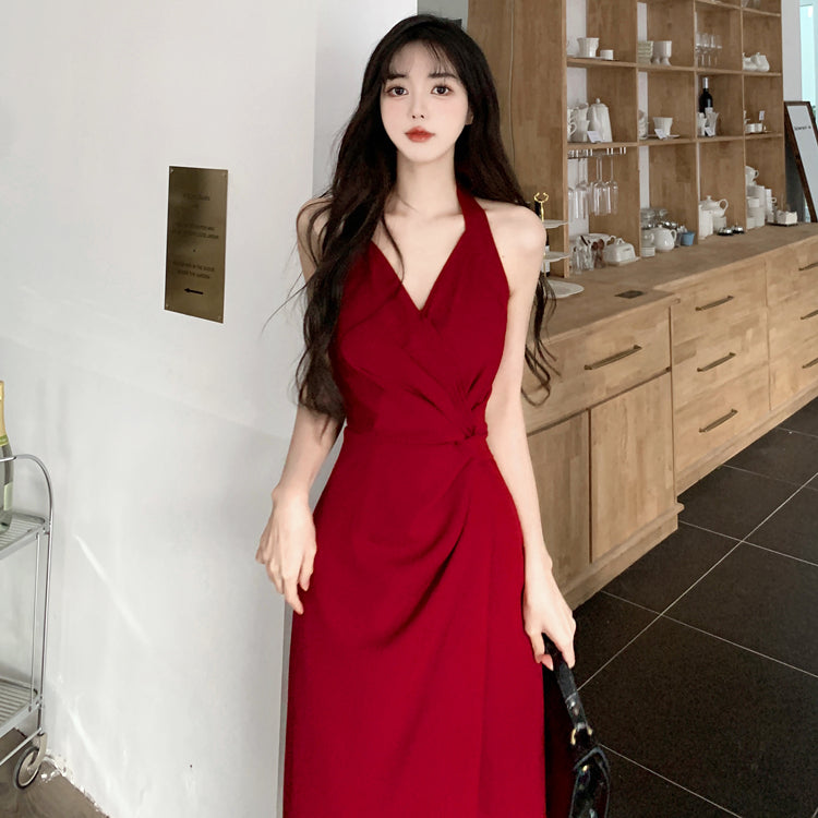 235 plus size women&#039;s retro halter neck dress two-piece spring and summer lace cardigan fat red suspenders slit long skirt