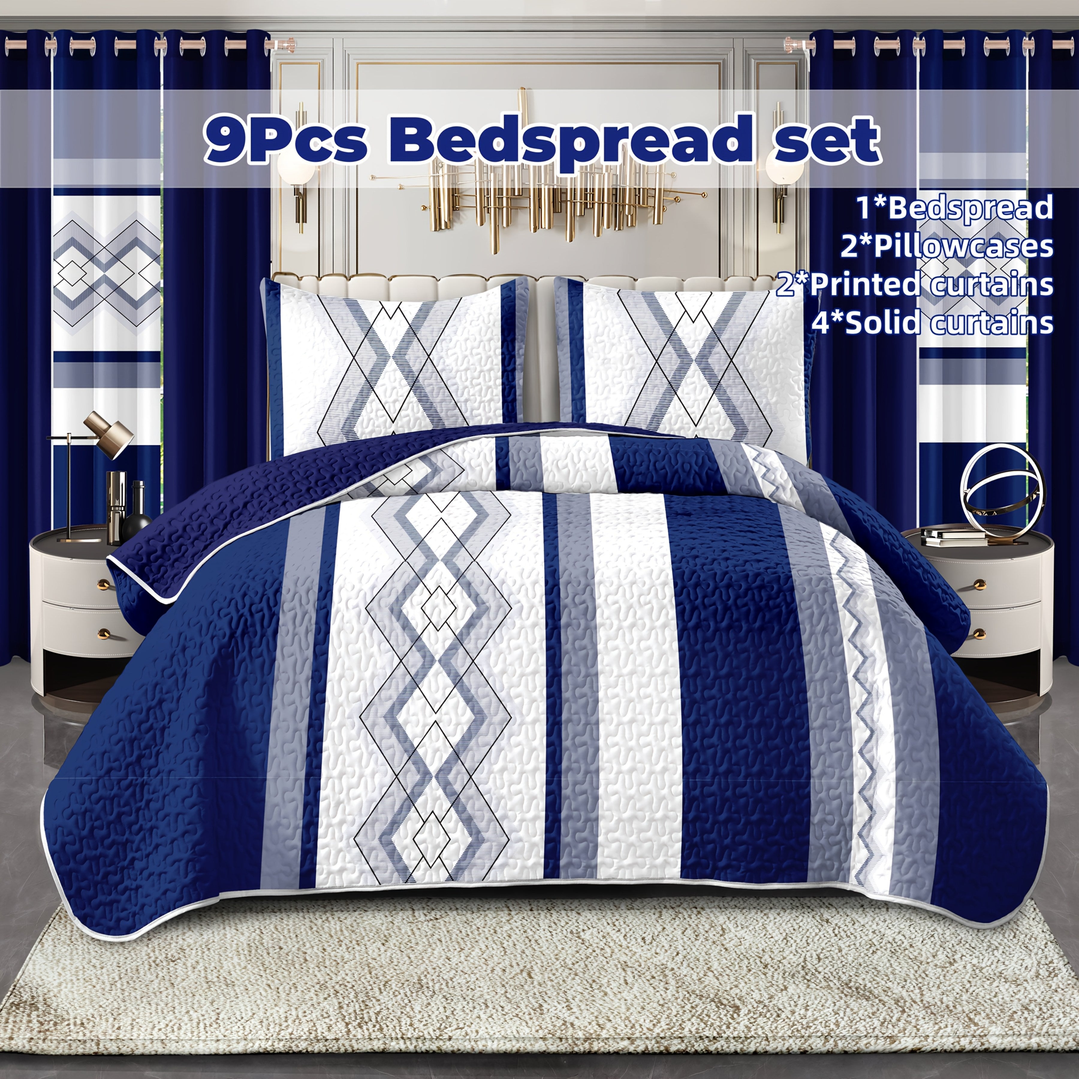 TEMU Royberry 9pcs Bedspread Set, Blue Diamond Check, Suitable For Any Season, Interior Fill, , Set Includes :1 Bedspread, 2 Pillowcases, 2 Printed