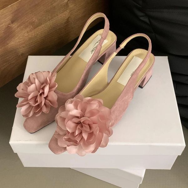 Flower Chunky Heel Mule Shoes Women Suede Fashion High Heels Green Pointed Toe Low Sandals Flowers Mary Jane Pumps 240620