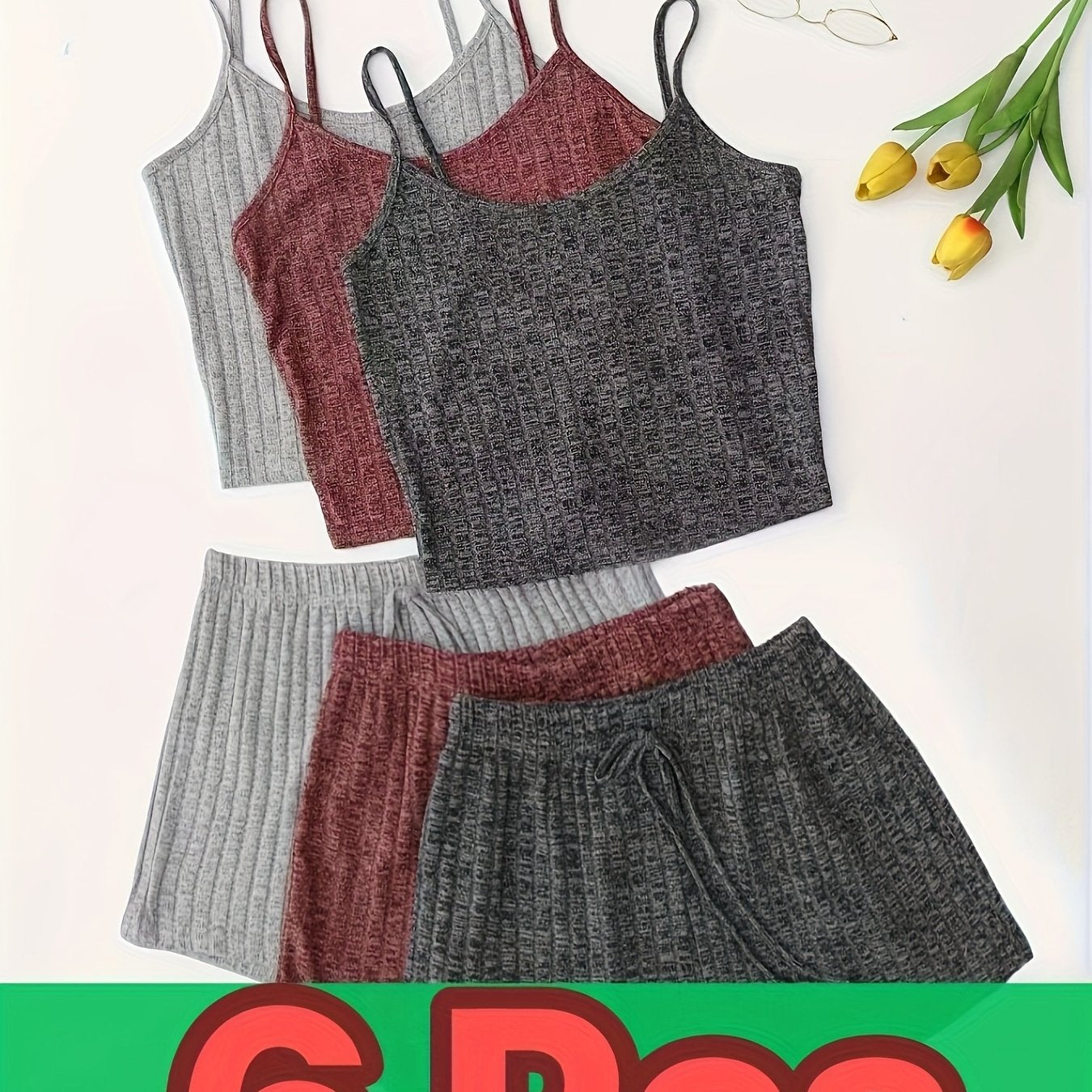 TEMU 3 Sets Solid Ribbed Pajama Set, Round Neck Cami Top & Drawstring Shorts, Women's Sleepwear & Loungewear