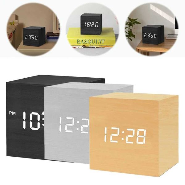 Wooden digital alarm clock with temperature LED bedside table clock USB-battery powered LED clock art decoration Y250111