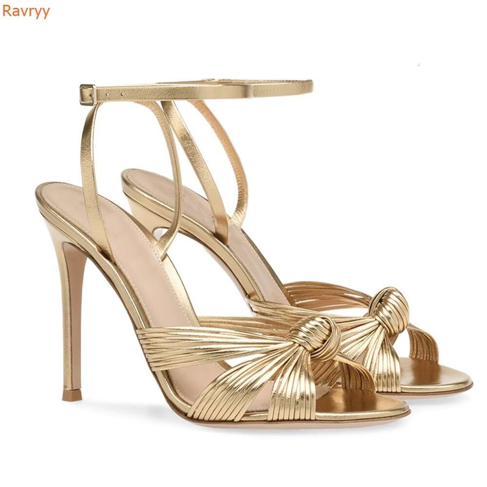 Gold Color Stiletto Heel Cross One Word Belt Round Toe Slingback Ankle Strap PU Sandals Women Fashion Party Large Size46