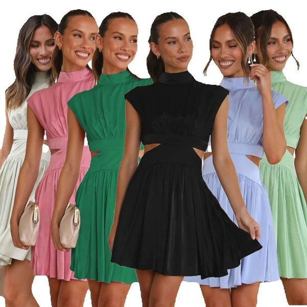 2024 Solid Color Sweet Style Summer Collection Waist Stand Up Collar Exposed Short Dress Womens New Waist Short Temperament Round Neck Dress