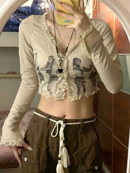 Women&#039;s Tanks Camis Y2k Goth Graphic Top Women Summer Long Sleeve Button TShirt Korean Fashion Sweet Cute Preppy Style Lace Short Cardi