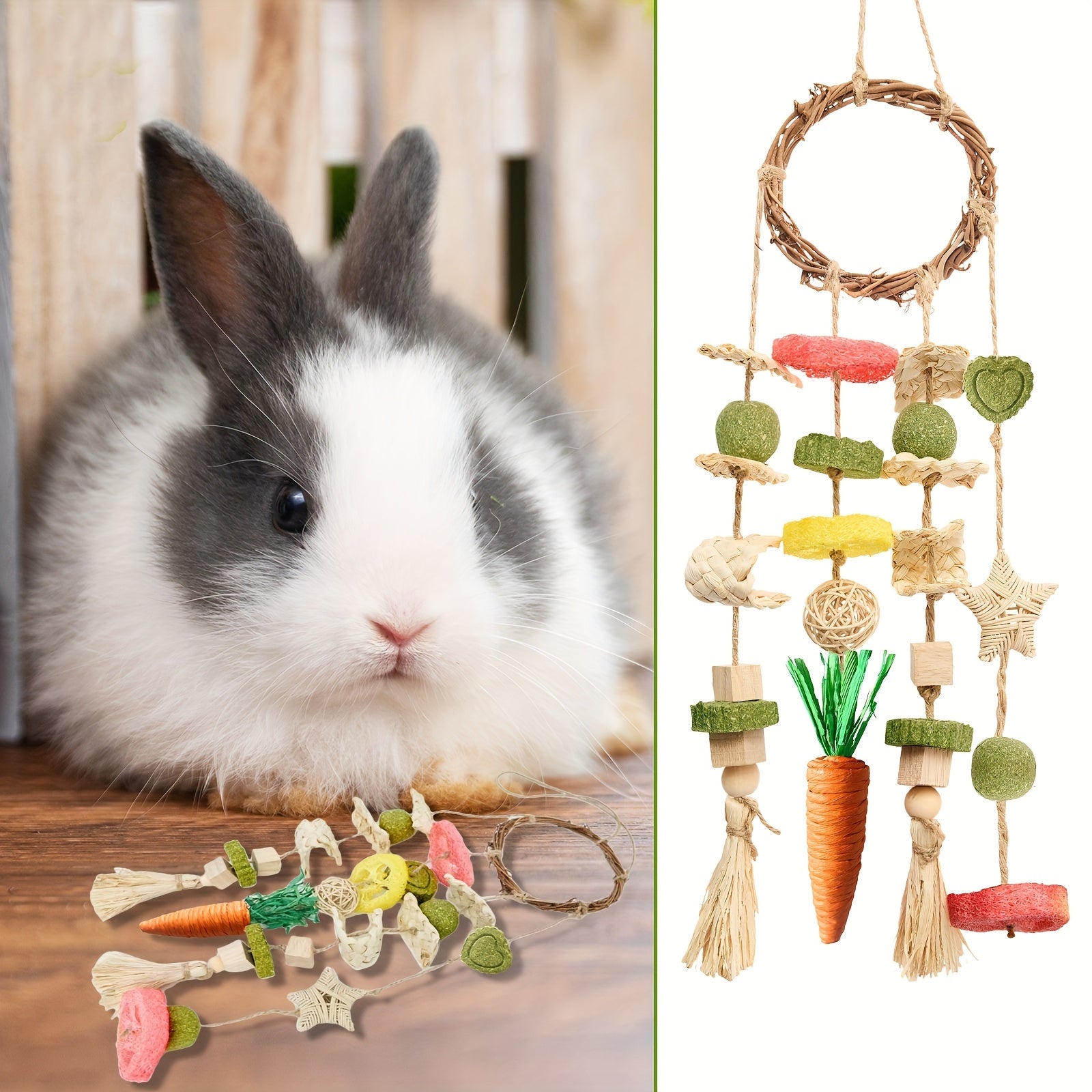 TEMU 1pc Natural Handmade Pet Toy, Hanging Rabbit Activity Wreath, Safe To Chew, Grapevine, Corn Cob, Loofah, Ball, Rattan, For Cage Decor