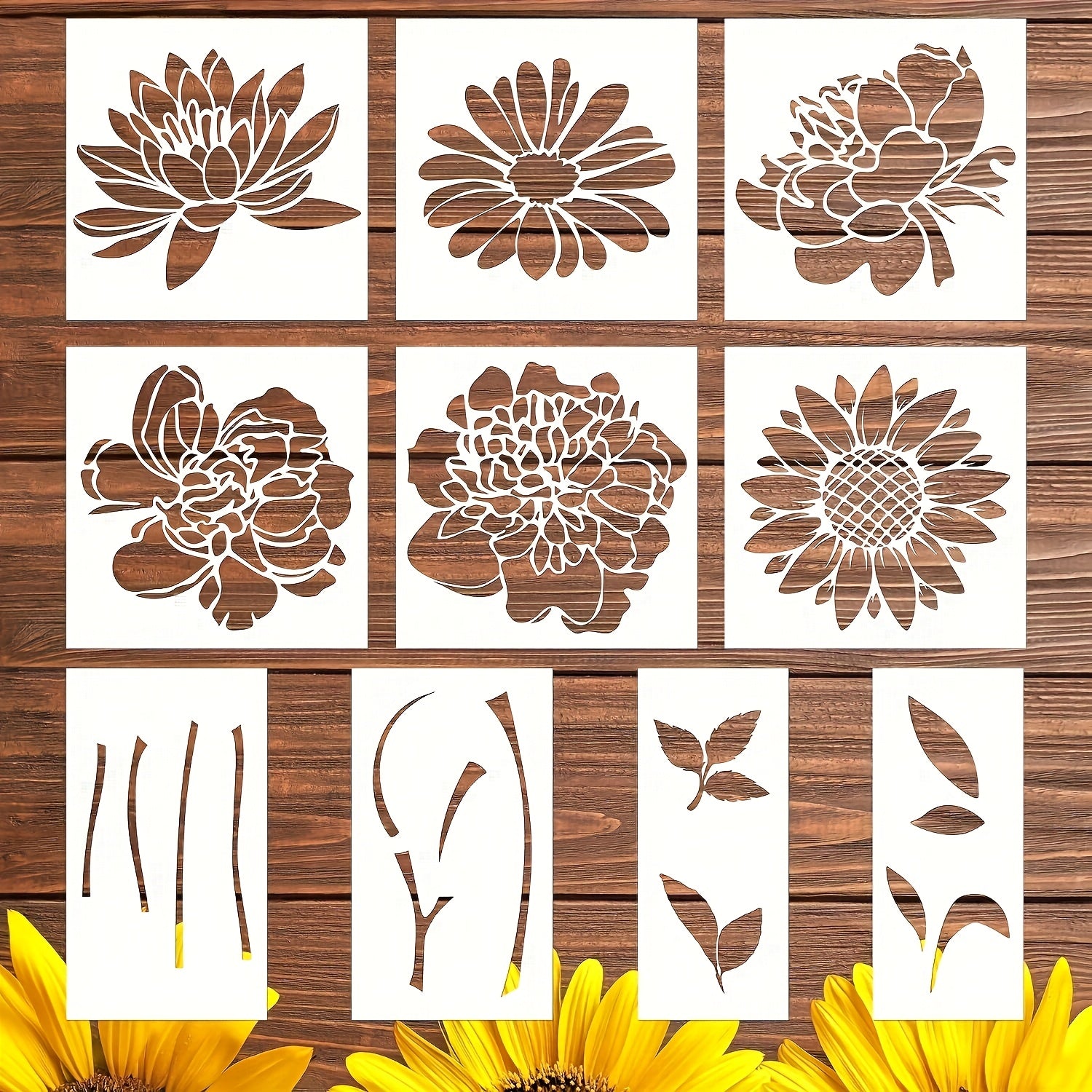 TEMU 10-pack Reusable Floral Stencils, Sunflower Templates For Wood Painting, Garden Fence Wall Decor, Plastic Craft Stencils For Diy Art Projects