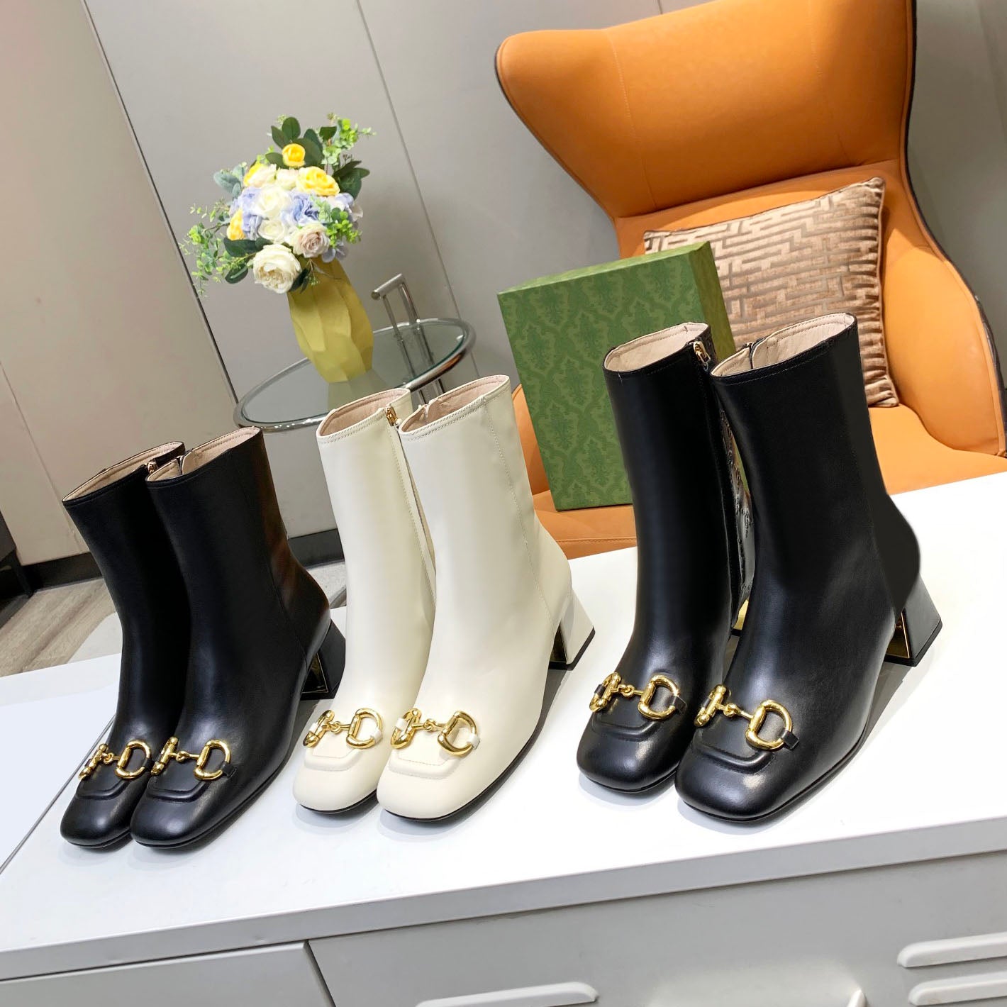 Women Saddle Buckle Middle Heel Ankle Boots Betty Candy Colored Fashion Autumn Winter Pine Cake Bottom Boot With All Cowhide Finish And Tpu Outsole