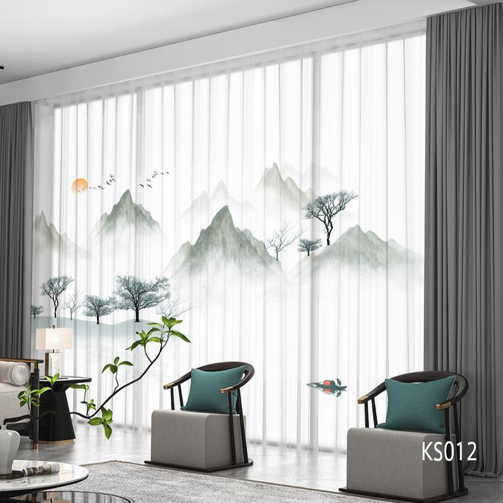 YL-36800 Modern New Chinese Style Ink Painting Landscape Living Room Study High-end Bedroom Famous Hotel Curtain Zen Gauze Curtain
