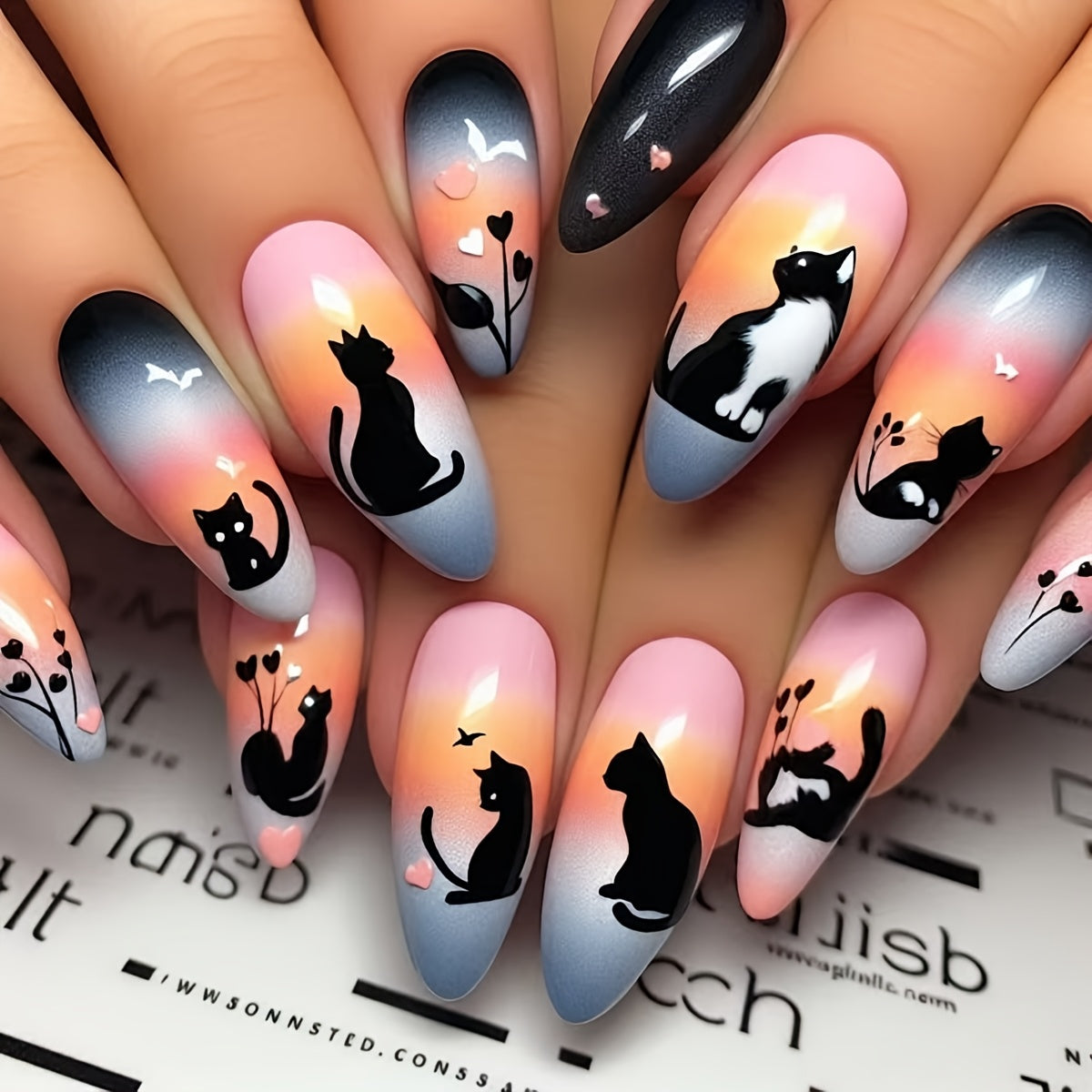 TEMU 24pcs Cat-themed Almond Nail Extensions - Black Silhouette Design With Hearts & Plants, Glossy Finish, Women' Use & Parties, | Cat Silhouette