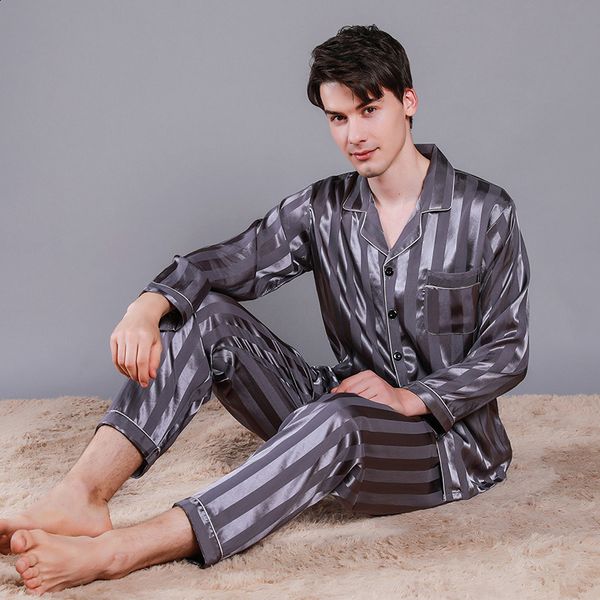 Mens silk sleepwear spring and autumn thin silk two-piece cardigan home clothes plus size striped long sleeved pants 210812