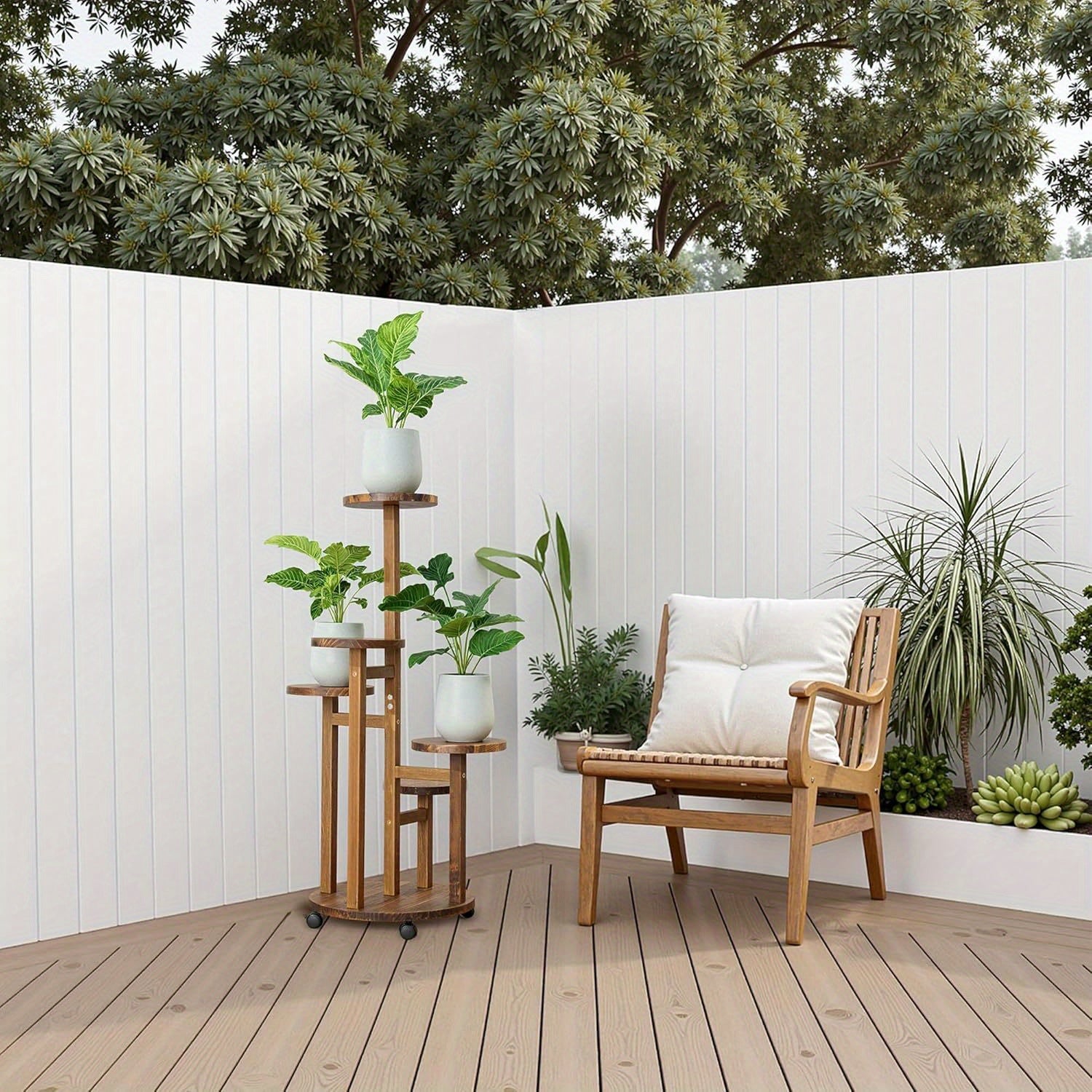 TEMU 5-tier Wooden Plant Stand With Wheels - Circular Space-saving Indoor-outdoor Shelf For Potted Plants, Multi-tier Planter Holder For Living Room,