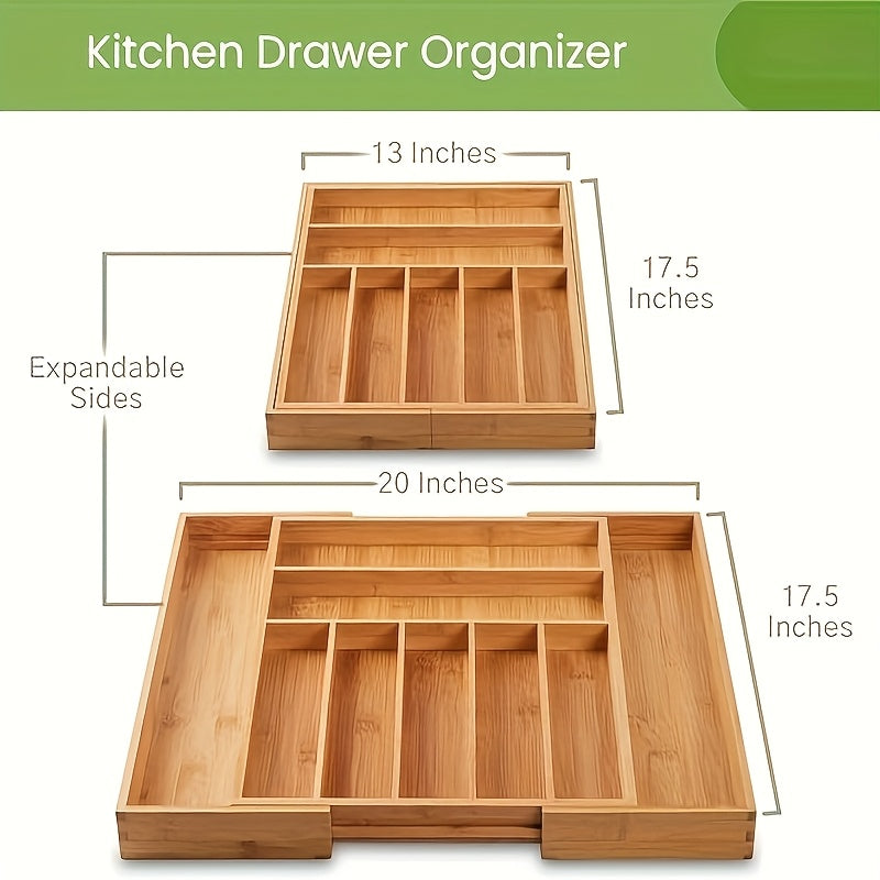 TEMU Bamboo Kitchen Drawer Organizer, Expandable Wood Utensil Tray, Adjustablesilverware Organizers For Drawers, 9 Compartments For Fork, Spoon &