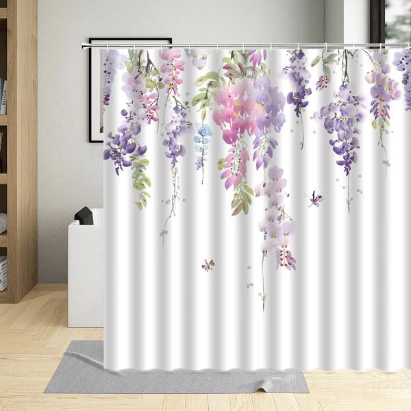Purple and pink floral shower curtains watercolor butterfly dragonfly creative n modern Nordic decorative bathroom 240828