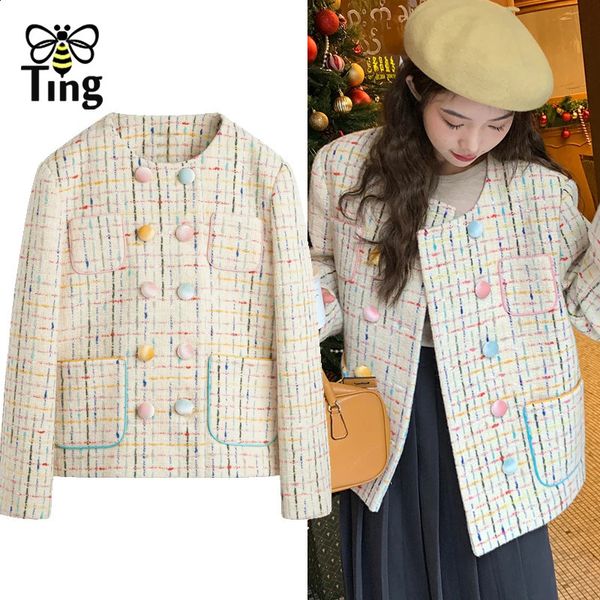 Tingfly Winter Autumn Double Breasted Tweed Jacket Coats France Chic Colorful Plaid Casual Street Outerwear Overcoats Za 240813