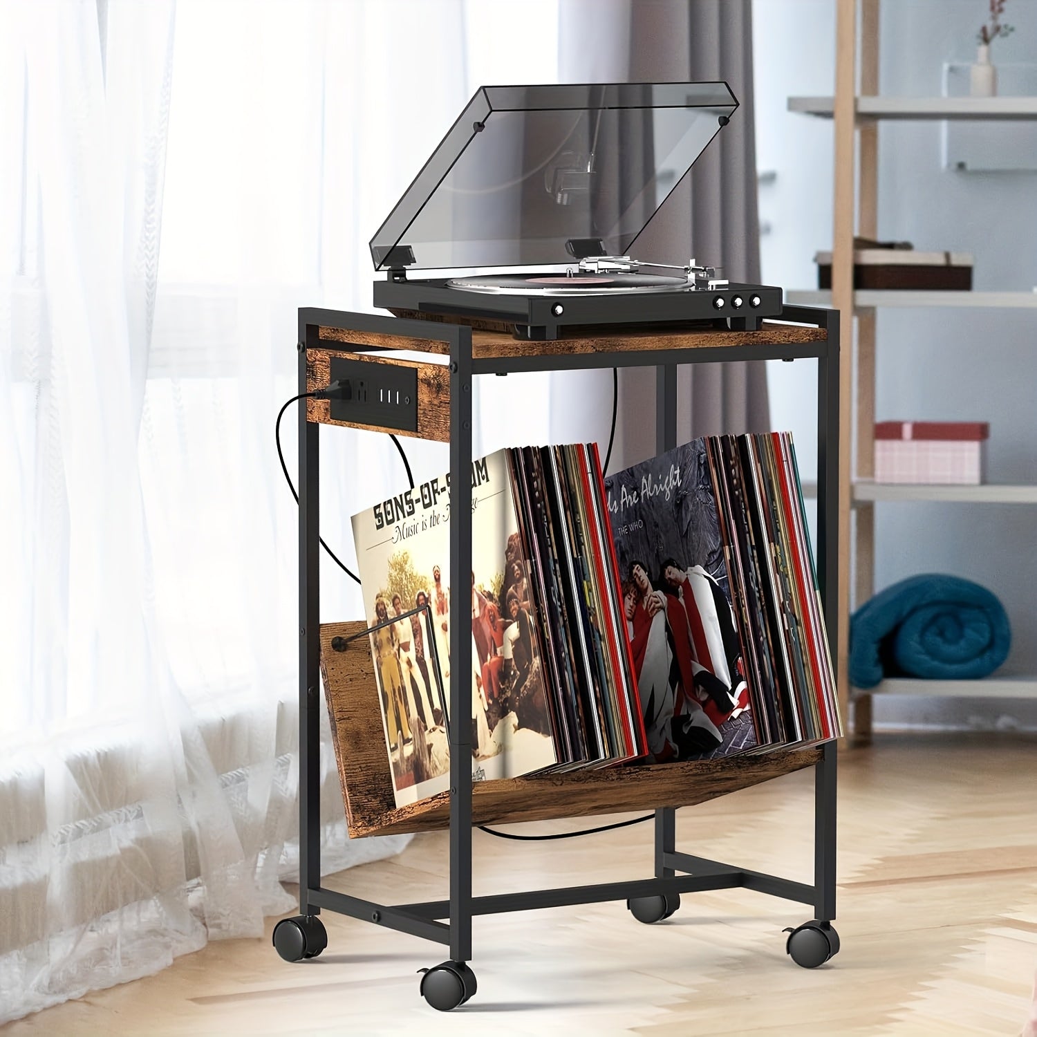 TEMU Record Player Stand Shelf With Vinyl Storage, Record Player Table With Charging Station Turntable Stand For Living Room Vinyl Record Stand