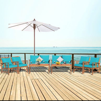 Teak and Turquoise Cushion 8-Piece Patio Furniture Set