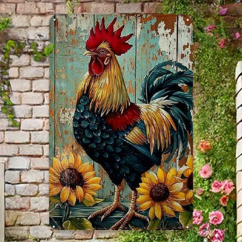 TEMU Vintage Metal Rooster And Sunflowers Sign - Rustic Farmhouse Wall Art, Country Style Tin Plaque For Home, Kitchen, Living Room, Man Cave, Coffee