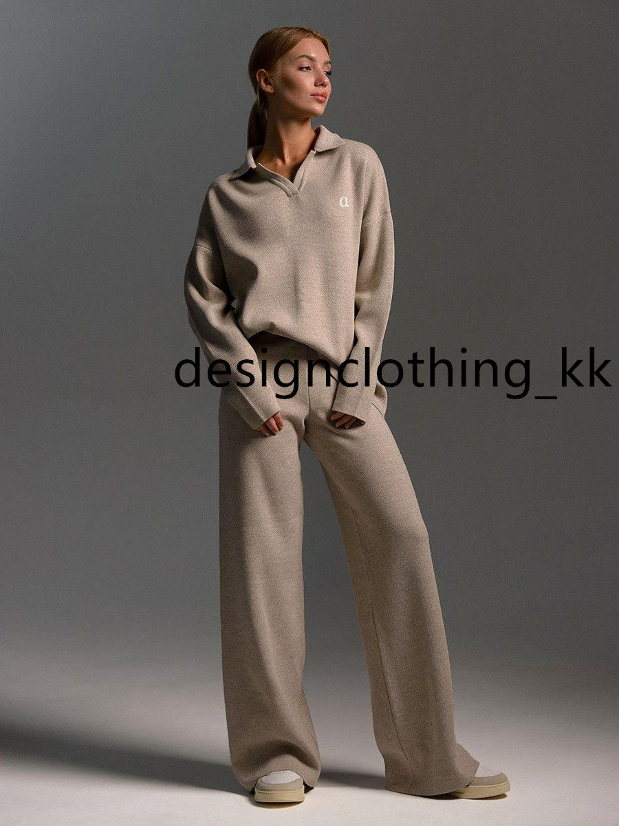 Women Tracksuit Cross border Knitted Set European and American Autumn Winter Sweater Set Collar Knitted Half Zip Hoodie Wide Leg Pants Two Piece Pan