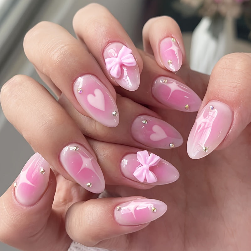 TEMU 24pcs Glossy Almond False Nails - To White Gradient With 3d & Bow Decorations, Medium Length Press-on Nails With Heart Tips For Weddings, Prom,