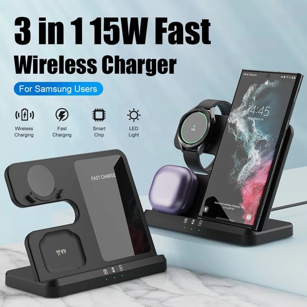 3 in 1 Wireless Charger Stand for Samsung Galaxy S23 S22 21 Ultra S20 15W Fast Charging Dock Station Watch5 Holder Buds2 Pro