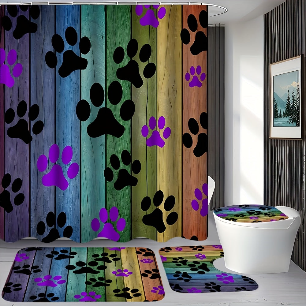 TEMU 1-4pcs Colorful Dog Paw Print Pattern Shower Curtain Set, With 12 Hooks Waterproof Barrier Shower Curtain, Non Slip Floor Mat, Toilet U-shaped