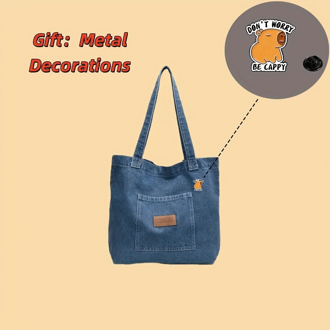 TEMU 2pcs Set: Bag+metal Pendant, Large Navy Blue Denim Handbag, Casual Single Shoulder Handbag, Spacious Interior, Durable Canvas Material, Machine