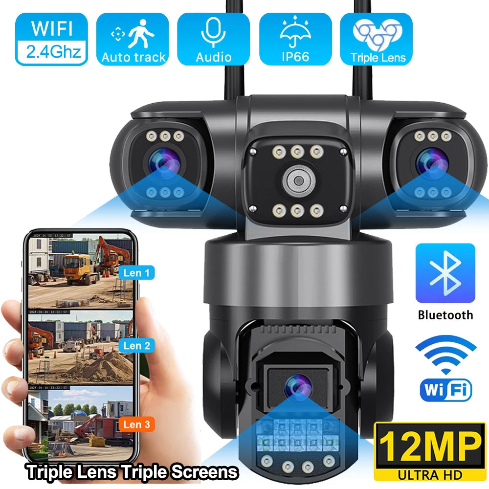 V380 Pro WiFi IP Camera Outdoor 12MP 6K Lenses Triple Screens Security Video Monitor Night Vision Waterproof CCTV Cameras
