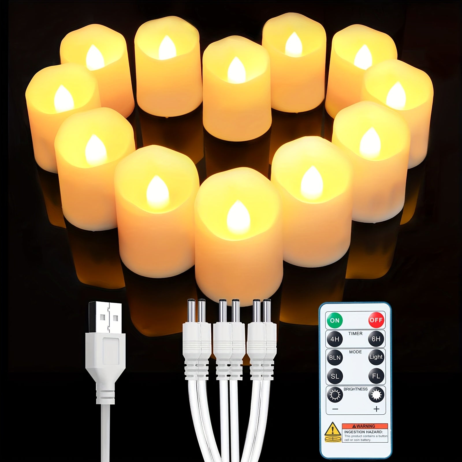 TEMU 12pcs Rechargeable Flameless Votive Candles With Remote & Timer, Usb- Electric Tea Lights, Realistic Flickering Flame Effect, 30h , Infrared,