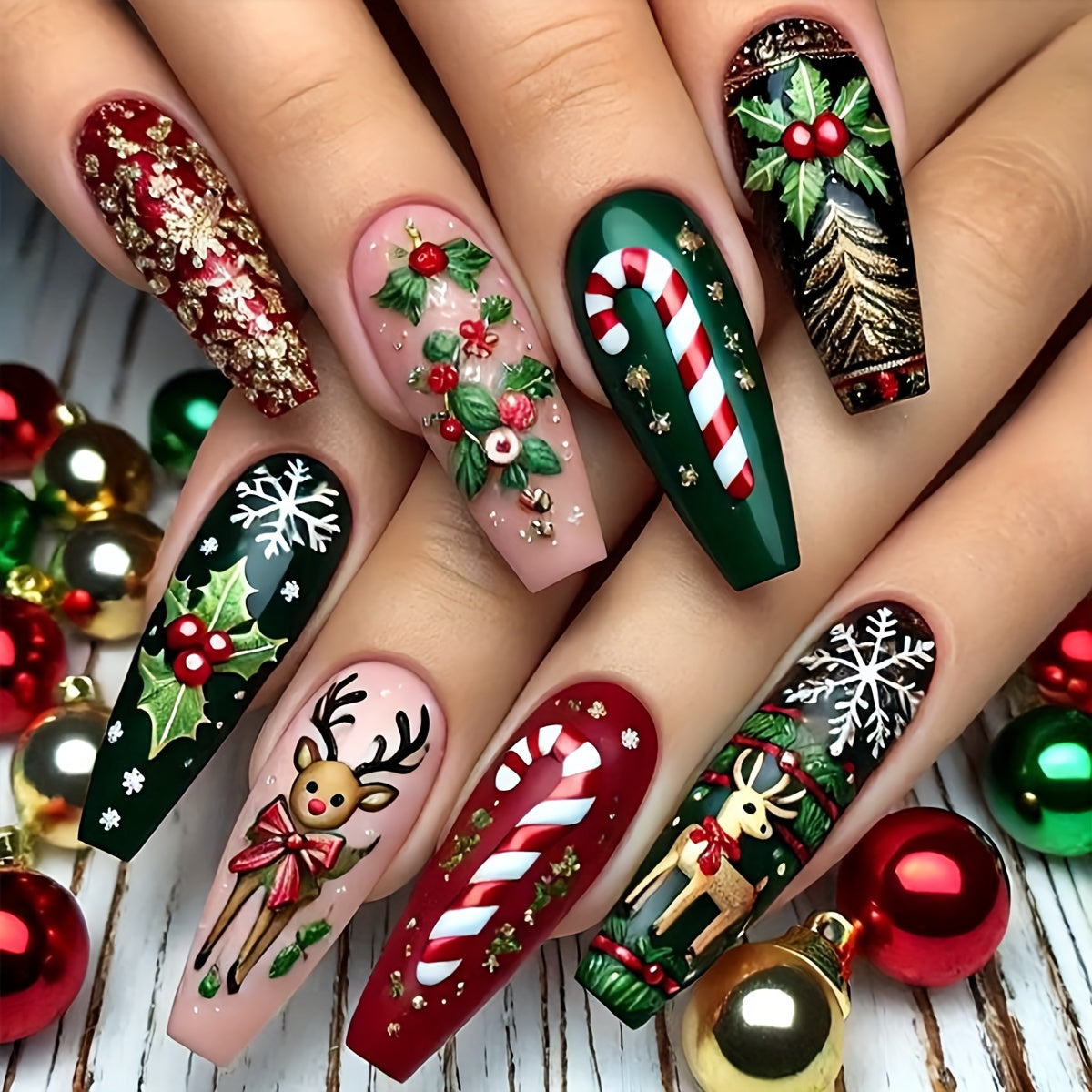 TEMU 24pcs Christmas Nail Stickers - Red & Designs With Snowflakes, Reindeer, And Christmas Trees - Glossy Finish, Long Length, Machine-made