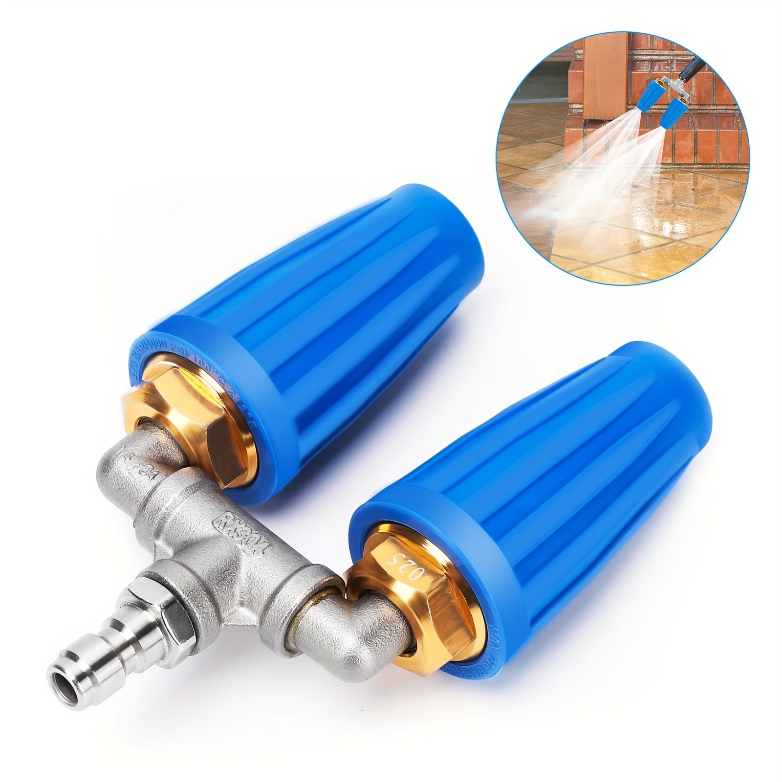 TEMU Heavy-duty Double Turbo Rotating Nozzle For Pressure Washer - 360° Adjustable Spray Head With Stainless Steel Connector, 2.5 , Blue & For Cars,