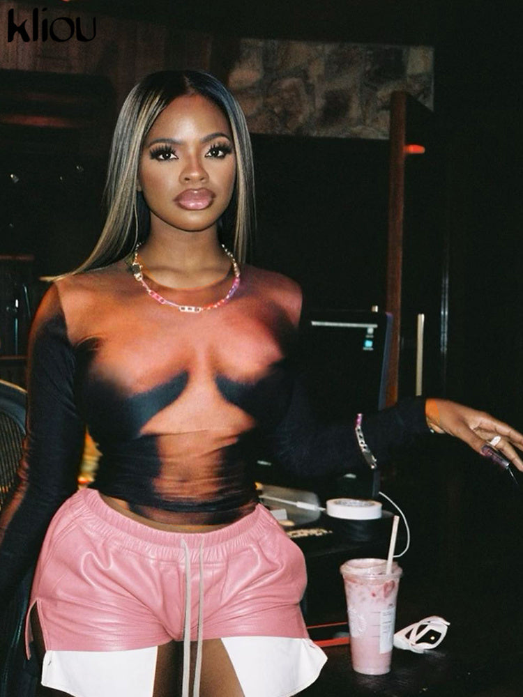 Women&#039;s TShirt Kliou Y2K Aesthetic Body Print Tshirt Women Hipster Street Distinctive Round Neck Long Sleeve 3D Slim Tops Attirewear Clothing 2