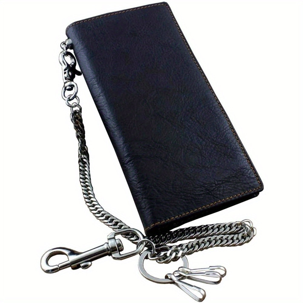 TEMU Men's Biker-style Leather Wallet With Key Chain - 7.28" Long Zipper Closure, Multiple Card Slots & Anti-loss Design For Jeans & Casual Use