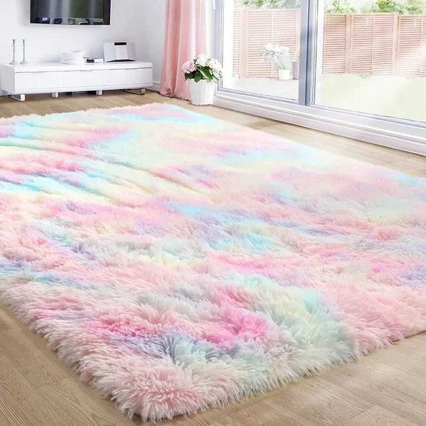 Fluffy rainbow carpet suitable for girls bedrooms soft shaving carpet suitable for teenage girls childrens rooms kindergartens game rooms cu