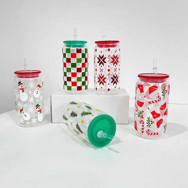 16oz UV printed 3D touch Borosilicate Iridescent checkered santa hats stockings snowman trees crystal clear beer glass can coffee cup mug wi