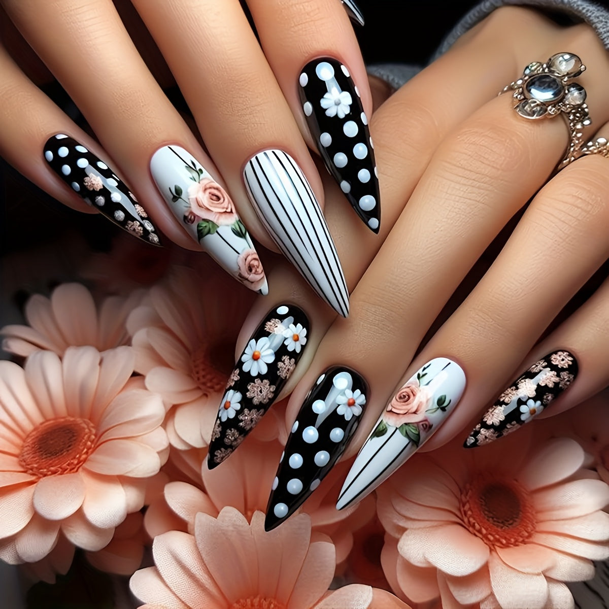 TEMU 24pcs Elegant Long Stiletto Press-on Nails Set, Black & White Floral And Striped Design With Glossy Finish, Includes Jelly Glue & Nail File,