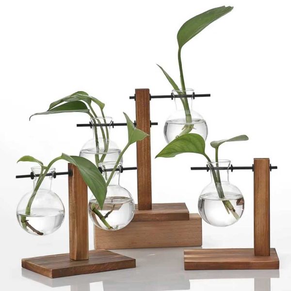 vase terrarium hydroponic plant transparent vase wooden stand tabletop vase decoration Flowers vase Urn vase floor Y250116
