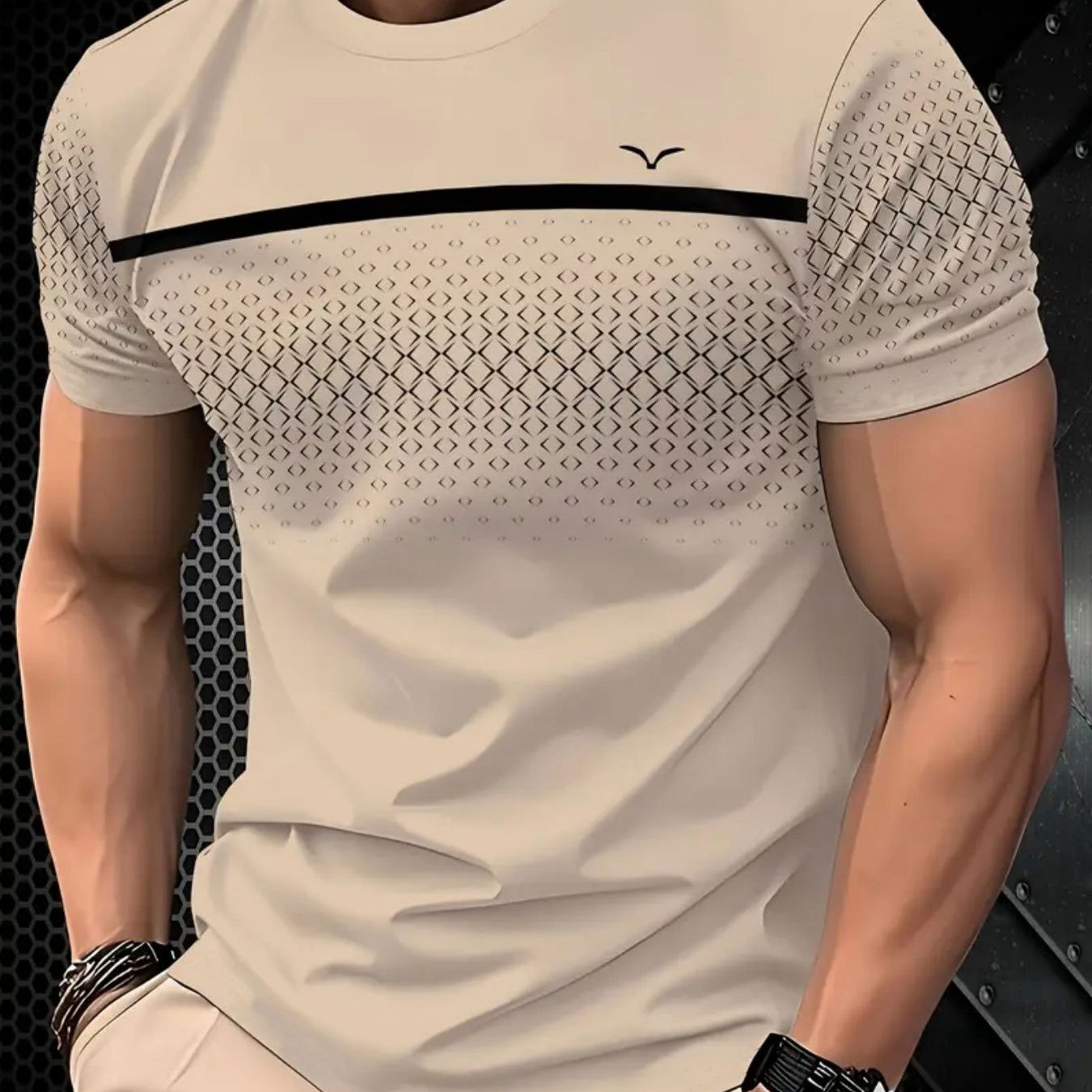 TEMU Men's Stylish Black Diamond Mosaic Print T-shirt – Round Neck, Short Sleeve, Stretch Fabric, Machine Washable – Casual Outfit & Gift For Adults