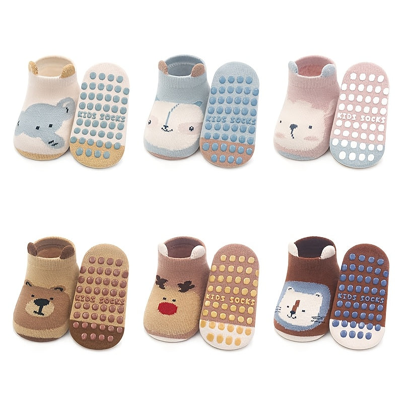 TEMU 6 Pairs Of Cute Cartoon Animal Patterned Non-slip Socks For Boys And Girls, Suitable For Infants, Ideal For All .