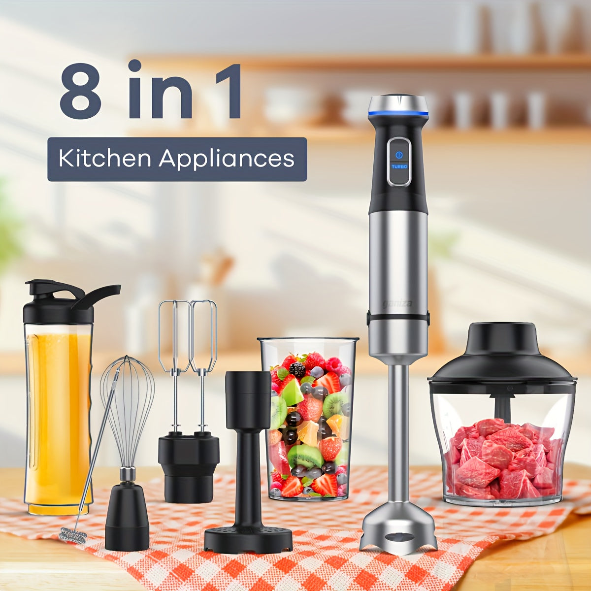 TEMU 8in 1 Blender, - 1000w Heavy Duty Motor, Meat Chopper, 16 Speed Mode Handheld Blender With Stainless Steel Shaft - Includes 8 Total Pieces,