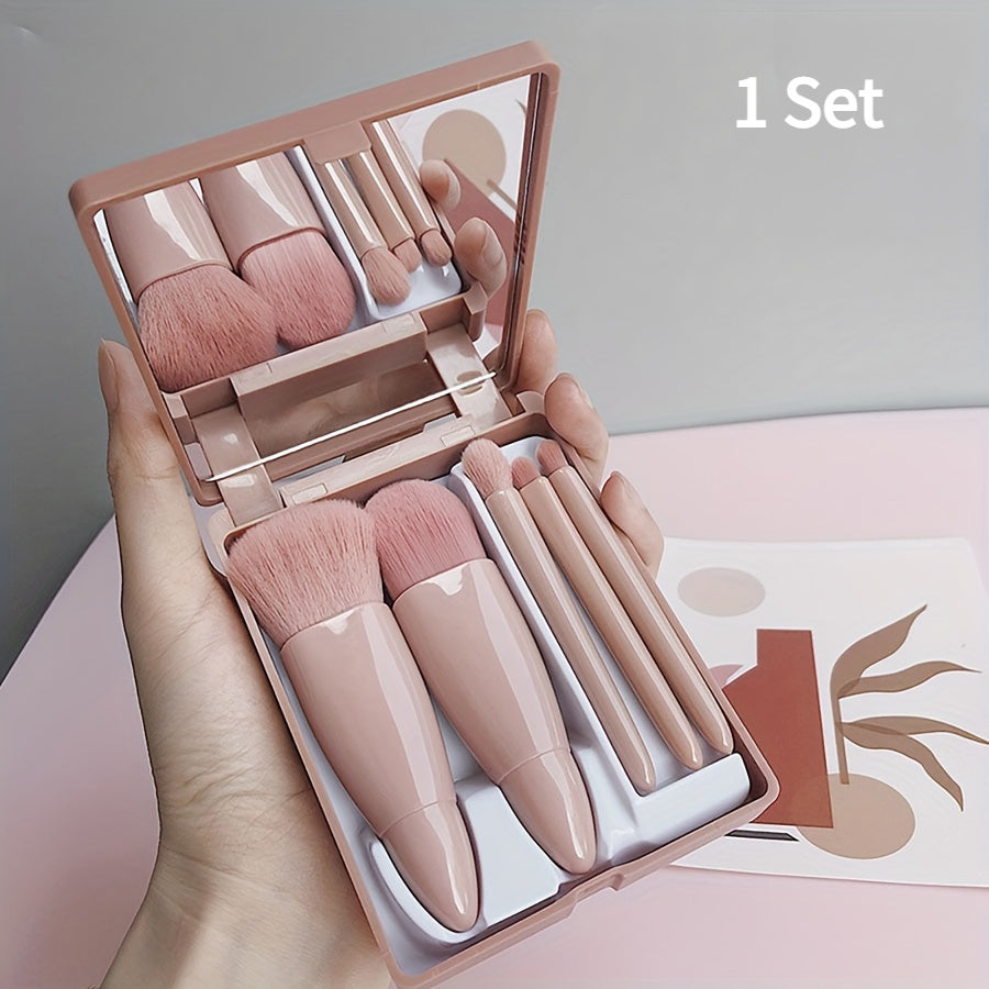 TEMU 5 Portable Makeup Brush Suit With Mirror, Suitable For Types, Wrinkle Free, Nylon Brush, Basic Makeup, Eye Shadow, Lipstick, Beauty Tools And