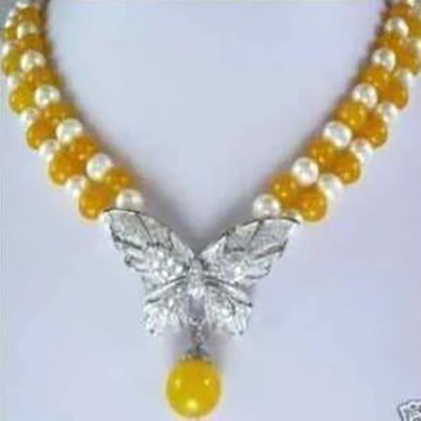 Deslumbrante Jewelleryyellow Jade White Freshwater Pérola Colar 18 "
