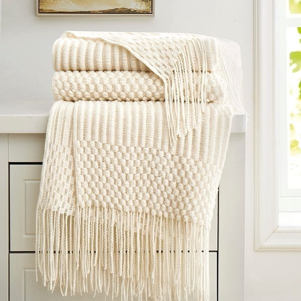 White Boho Throw Blankets Textured Big Knitted y Vintage Bedspread Blanket Cover Sofa Blanket y250210