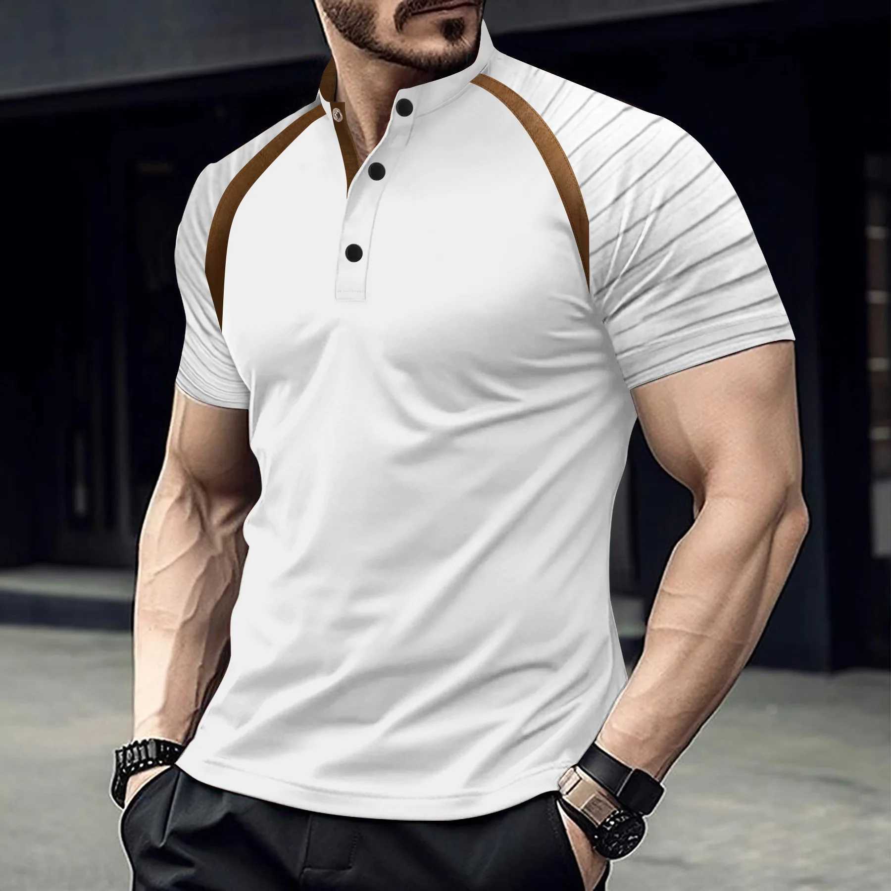 Mens Casual Summer POLO Shirt Stand Collar Spliced Retro Arm Stripes High Quality Comfortable Mens Loose Sports POLO ShirtX240920