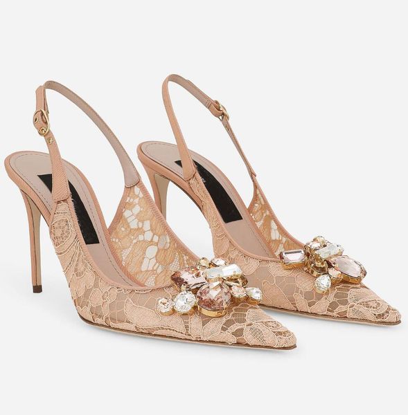 Feminine Women Rainbow Slingbacks & Sandals Shoes Lurex Lace Mesh Colorful Crystals Pointed Toe Pumps Party Wedding Dress High Heels EU35-43